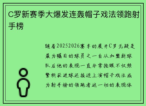 C罗新赛季大爆发连轰帽子戏法领跑射手榜 C罗新赛季大爆发连轰帽子戏法领跑射手榜